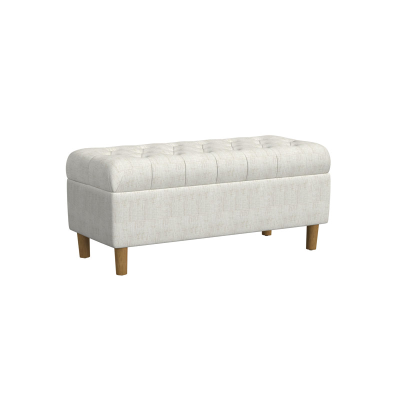 Banc de rangement capitonné à boutons avec pieds en bois conique, Crème texturé