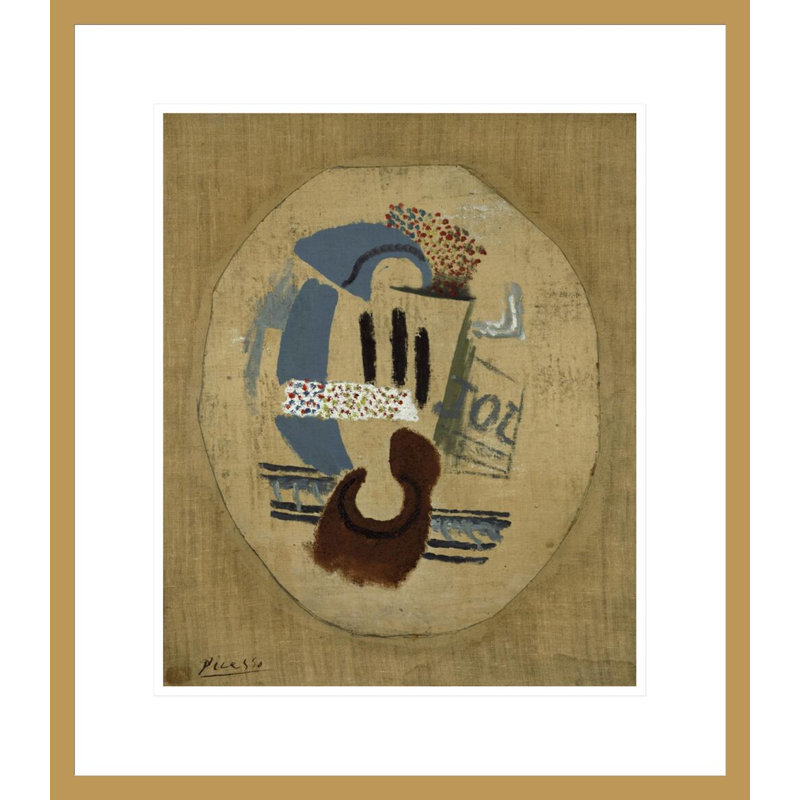 Nature morte (verre à vin et journal) par Pablo Picasso - estampe numérique encadrée, H 20,3 po x l 17,75 po