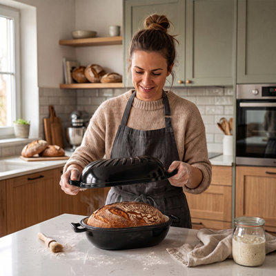 5 qt. Candy‑Shaped Enameled Cast Iron in Black Oval Bread Baker with Heat‑Resistant Mitts and Pot Mat