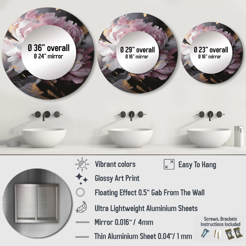 Poinar harmonieux rose gris pivoine fleur II - miroir pivoines, miroir mural rond unique moderne, art imprimé en métal
