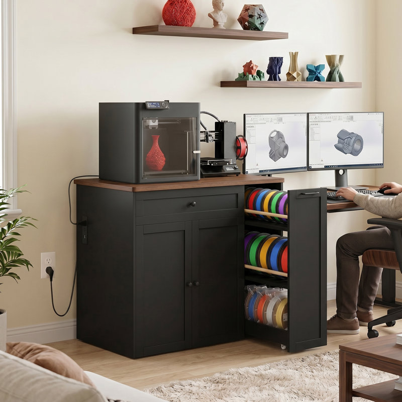 Support pour imprimante 3D avec rangement pour filament et prises intégrées, table pour imprimante 3D robuste avec tablette et tiroir réglables, classeur