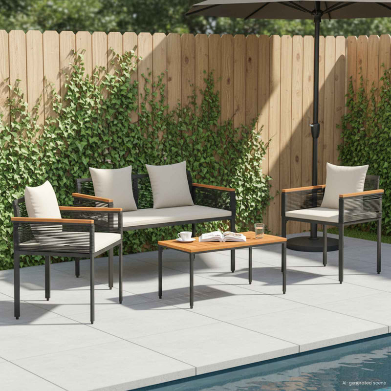  Outdoor Furniture Set With Cushion PE Rattan Seating Patio Arrangement, Black, Cream White