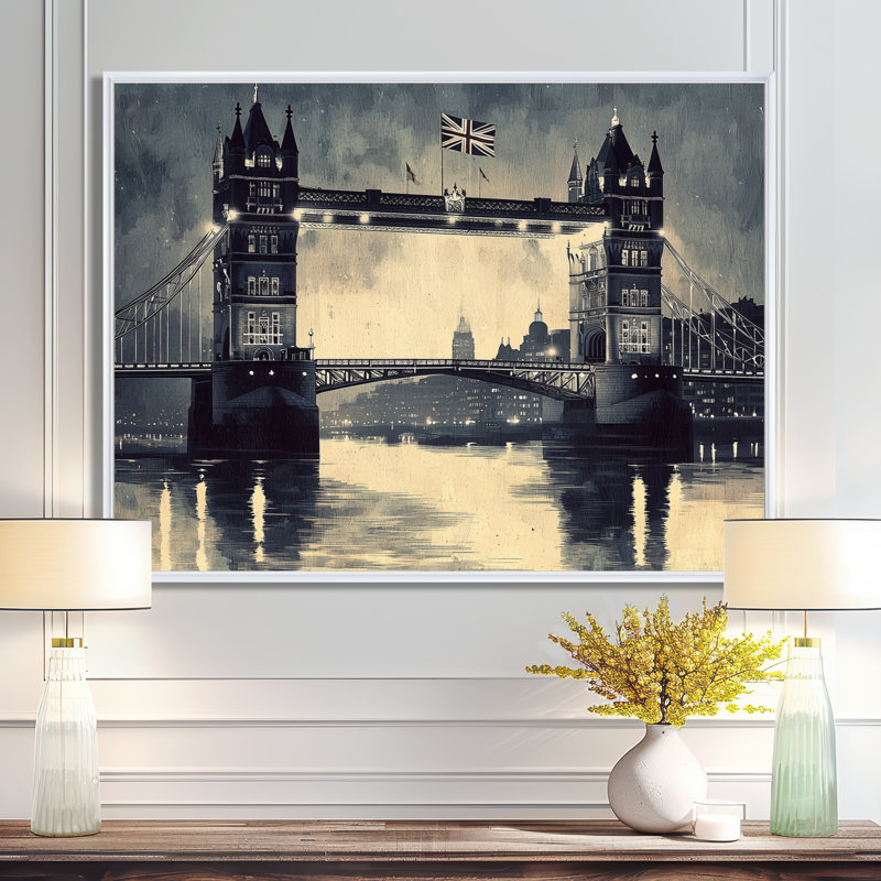 Art mural rétro de Tower Bridge à Londres, Royaume-Uni III, H 24 po x l 32 po, Avec cadre, Blanc