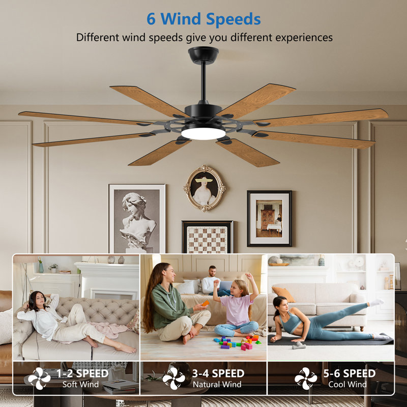 Ventilateur de plafond à 72 pales de 72 pouces avec lumière DEL, moteur à courant continu silencieux, télécommande, style moderne avec pales à grain de bois