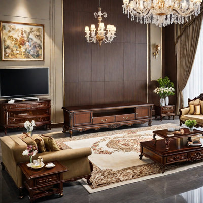 Solid Wood TV Stand with Hand-Carved Details