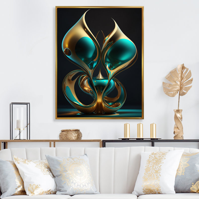 Rhyth of Infinity 3D Turquoise Gold Sphere I - Abstract Fractal, art mural, H 32 po x l 16 po x P 1 po, Cadre flottant doré