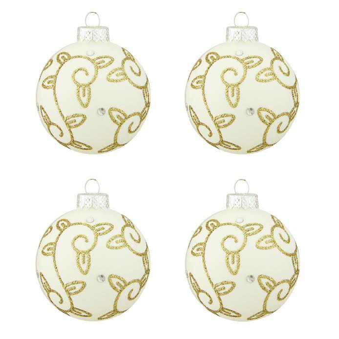 Ornements de Noël en forme de boule de verre blanche matte avec feuilles tourbillonnantes dorées 2,5 po
