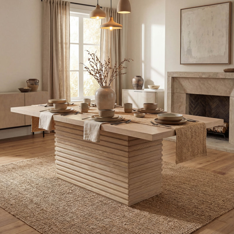 Table de salle à manger rectangulaire naturelle de 84 pouces pour 6 à 8 personnes avec base pilier robuste Coad