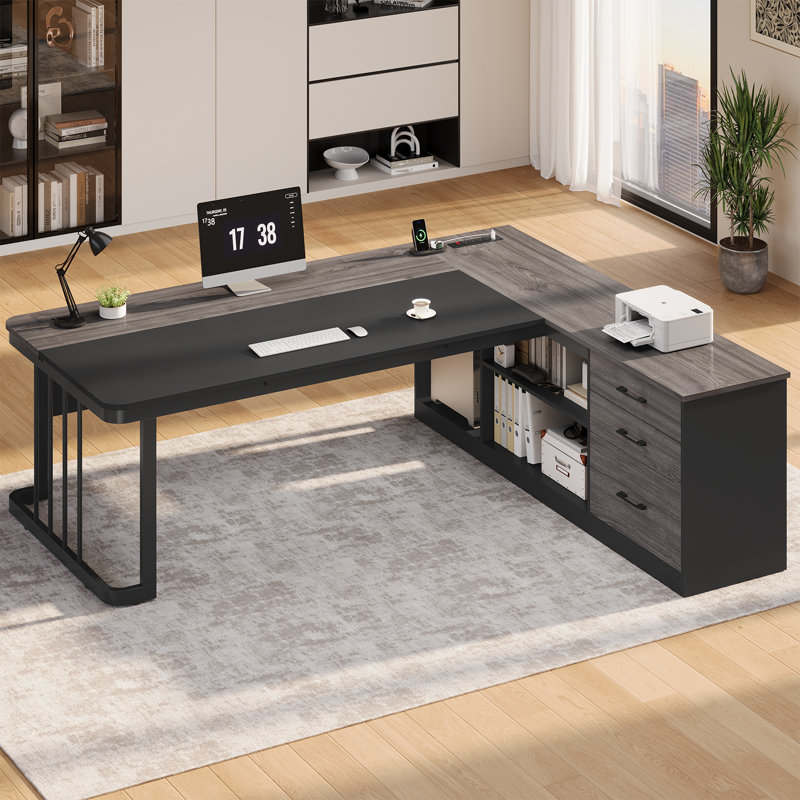 Bureau de direction de 70,9 po, bureau en forme de L avec prises de courant, bureau d'ordinateur en coin avec 3 tiroirs de rangement pour le bureau personnel