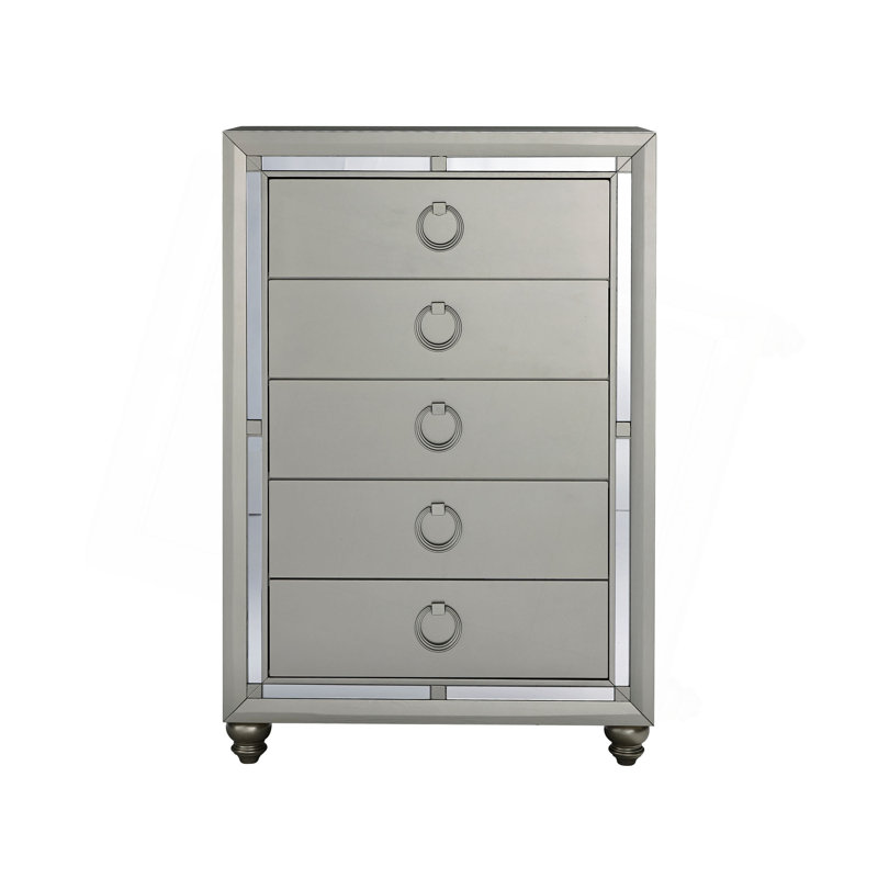 5-Drawer Vertical Chest With Mirrored Trim & Ornate Knobs