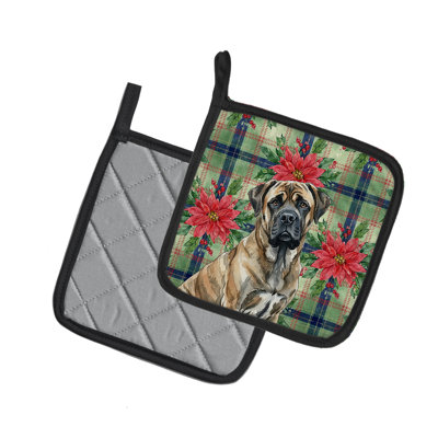 Brindle Mastiff Christmas Poinsettas Pair of Pot Holders