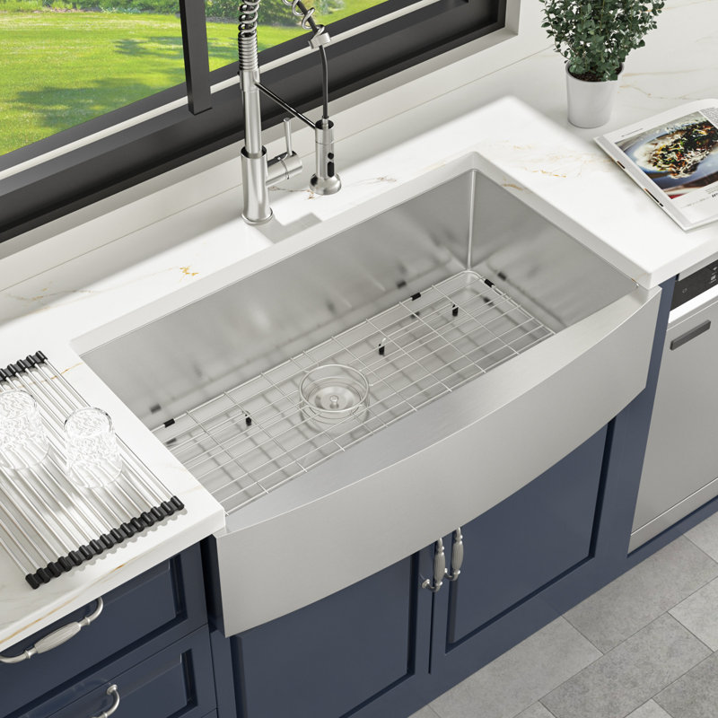 Single Bowl Stainless Steel Farmhouse/Apron Kitchen Sink with Sink Grid and Basket Strainer, 9"H x 33"W x 20"D, Silver