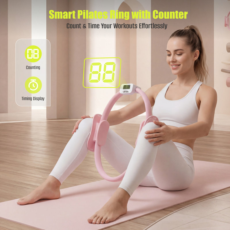 MaxU Smart Pilates Ring with Counter and Timer 5-Level Resistance pink, Pink
