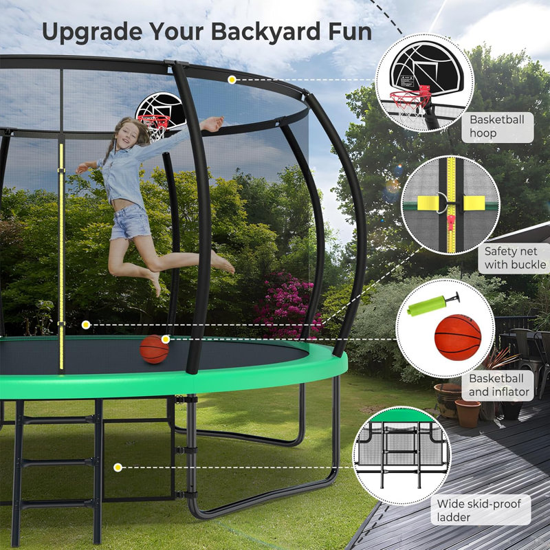 Trampoline de jardin rond avec enceinte sécuritaire Sapphome, Vert