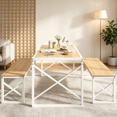 Aithan 3-Piece 55 Inch Oak Dining Table Set with Benches, Rustic Kitchen Table Set for Small Spaces, Modern Farmhouse Dining Set with Bench for Kitchen & Dining Room
