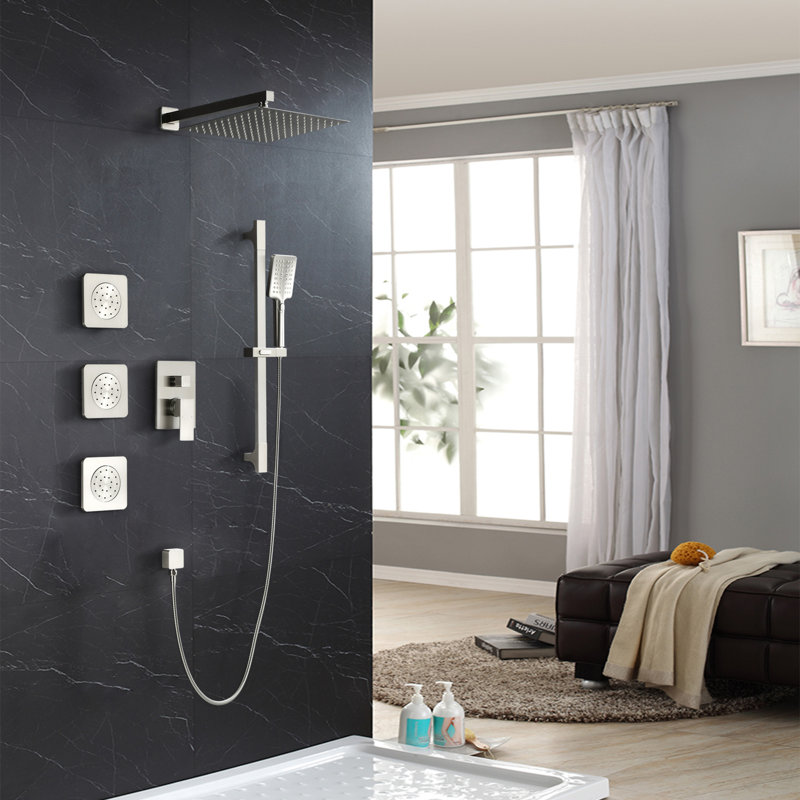 Shower System With 3 Body Jets,12 Inch Wall Mounted Rainfall Shower Set Rain Shower Head And Handheld Spray,slide Bar