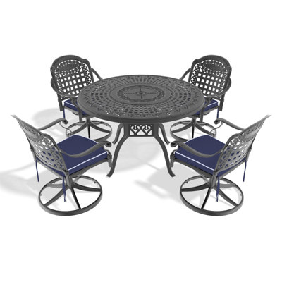 Ensemble de salle à manger 5 pièces en aluminium coulé résistant aux intempéries, comprenant 4 chaises pivotantes et une table ronde de 47,24 po avec structure noire