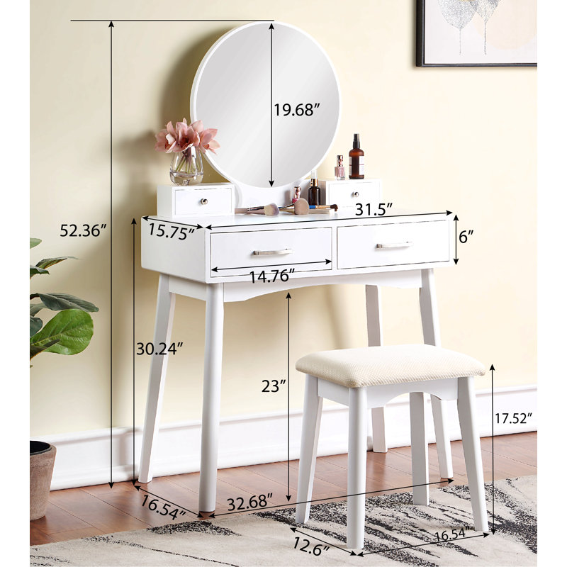 Contemporary Wood Vanity And Stool Set For Bedroom, White
