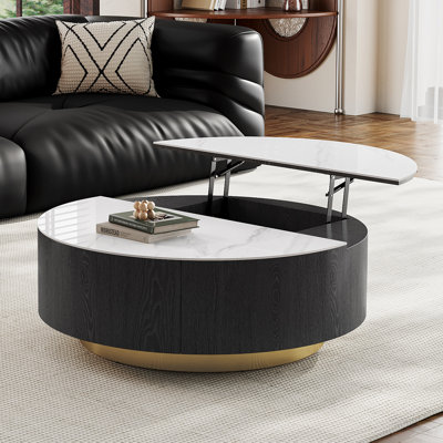 35.43" Round Coffee Table with Lift Top & Drawer, Faux Marble Surface, Solid Wood for Modern Living Spaces