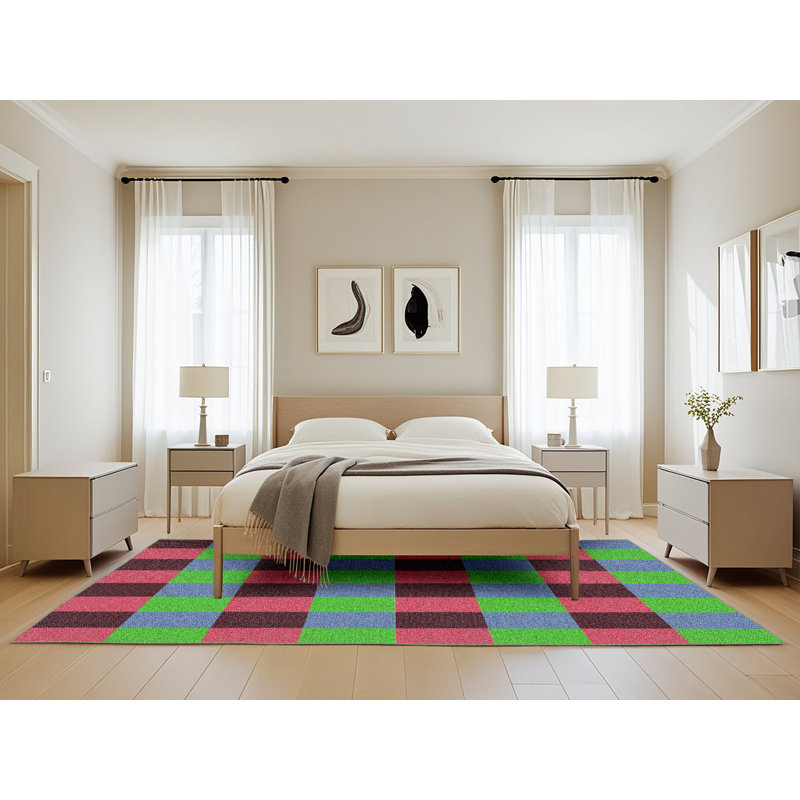 Tapis bleu / vert à carreaux, Rectangle 5 pi x 8 pi
