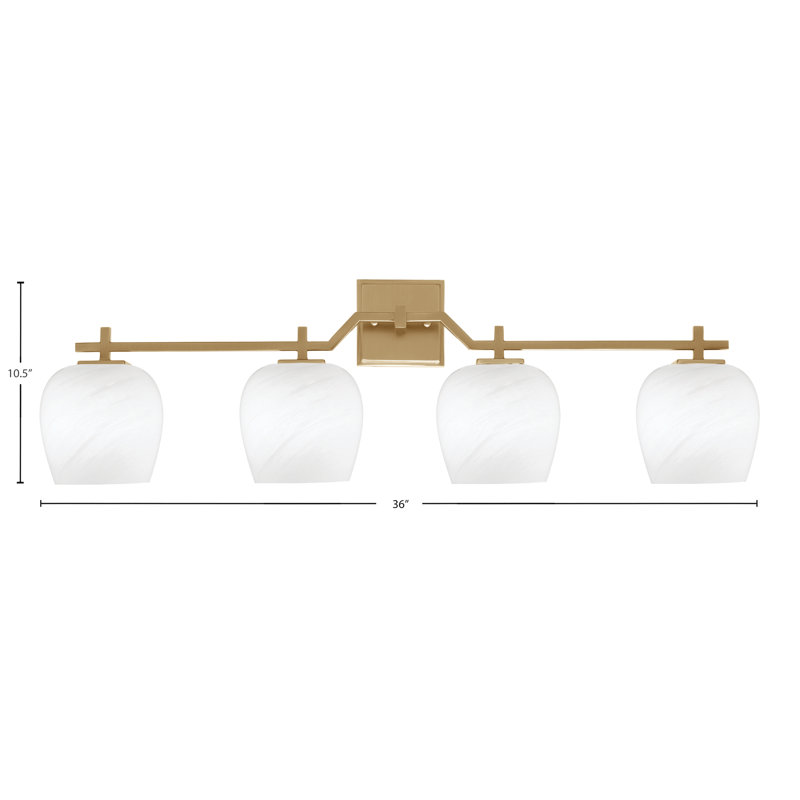 Barre de bain Headland illustré avec verre de marbre blanc de 4 po, H 10,5 po x l 36 po x P 6,5 po, Laiton, Quatre lumières