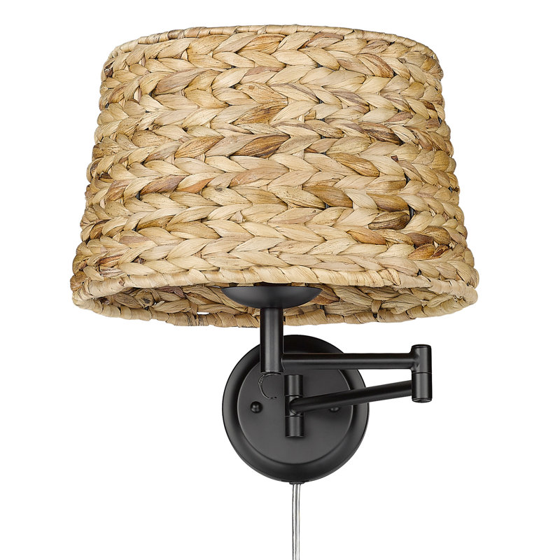 Arguelles Steel Swing Arm Sconce, Matte Black, Woven Sweet Grass