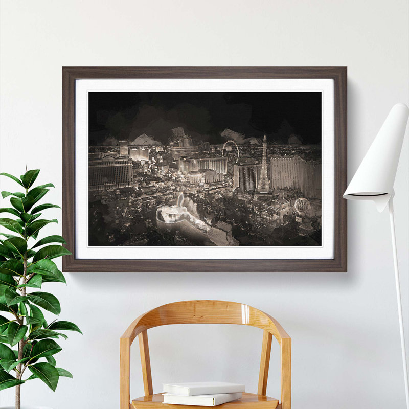 Las Vegas Skyline at Night in Abstract - Picture Frame Graphic Art Print, 62cm H x 87cm W x 2cm D, Walnut Framed
