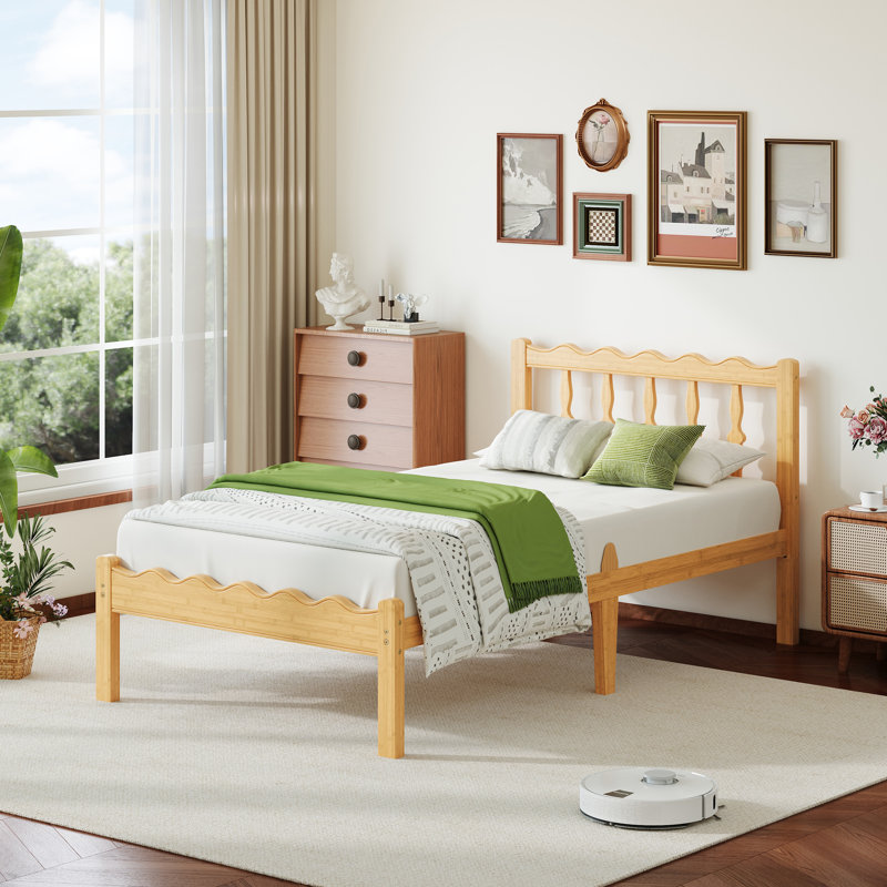 Structure de lit plateforme en bois de bambou 14 po avec tête de lit ondulée, lattes en métal, aucun sommier requis, 14"