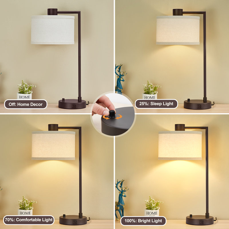 Navreet Table Lamp Set with USB C+A Charging Ports Fully Stepless Dimmable Bedside Lamp (Bulbs Included), Dark Brown