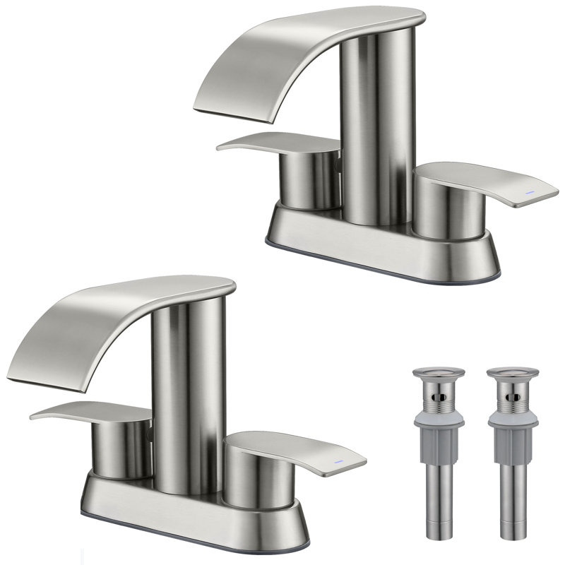 4 in. Centerset Double Handle Waterfall Spout Bathroom Sink Faucet with Pop-up Drain (2 Pack), Brushed Nickel