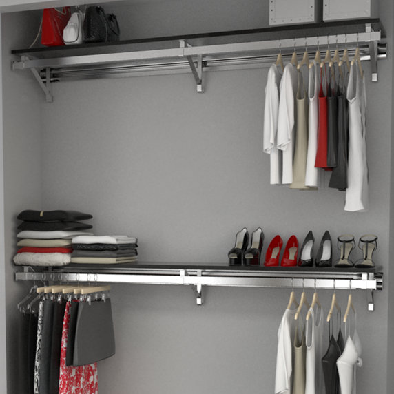 Système d'organisation avec barres à vêtements et deux tablettes, Espresso, H 8,5 po x l 52 po x P 11,75 po