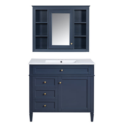 Meuble-lavabo 36 po avec armoire à pharmacie, armoire de rangement moderne avec 2 portes à fermeture douce et 4 tiroirs, meuble-lavabo simple