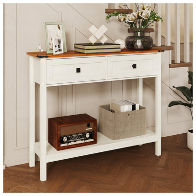 Console Farmhouse avec 2 tiroirs et tablette inférieure, blanc antique et plateau brun