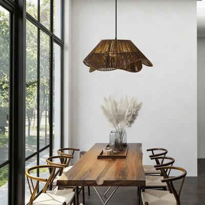 19.7” 3-Light Dark Brown Rattan Pendant Light Fixture, Boho Woven Chandelier, Large Black Bohemian Rustic Wicker Ceiling Hanging Lamp Over Table