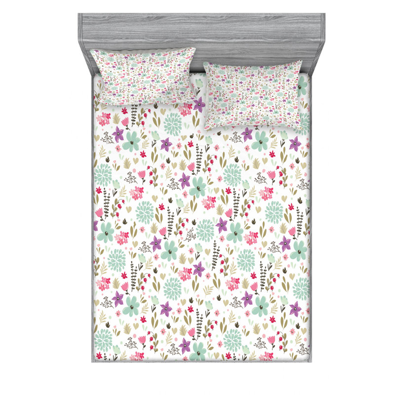 Microfiber Floral Sheet Set, Twin XL Sheet Set + Fitted Sheet + 1 Pillowcase, Beige/Green/Red Floral