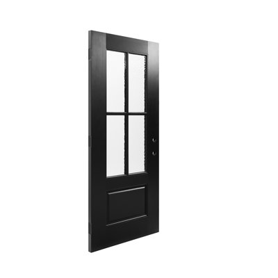 Porte d'entrée en fibre de verre 36 po x 80 po avec cadre en PVC blanc 4/9 / 16 po, porte extérieure à gauche avec moulure de brique, peau brossée minimaliste contemporaine avec verre givré et véritable lumière divisée pour Home Entranc