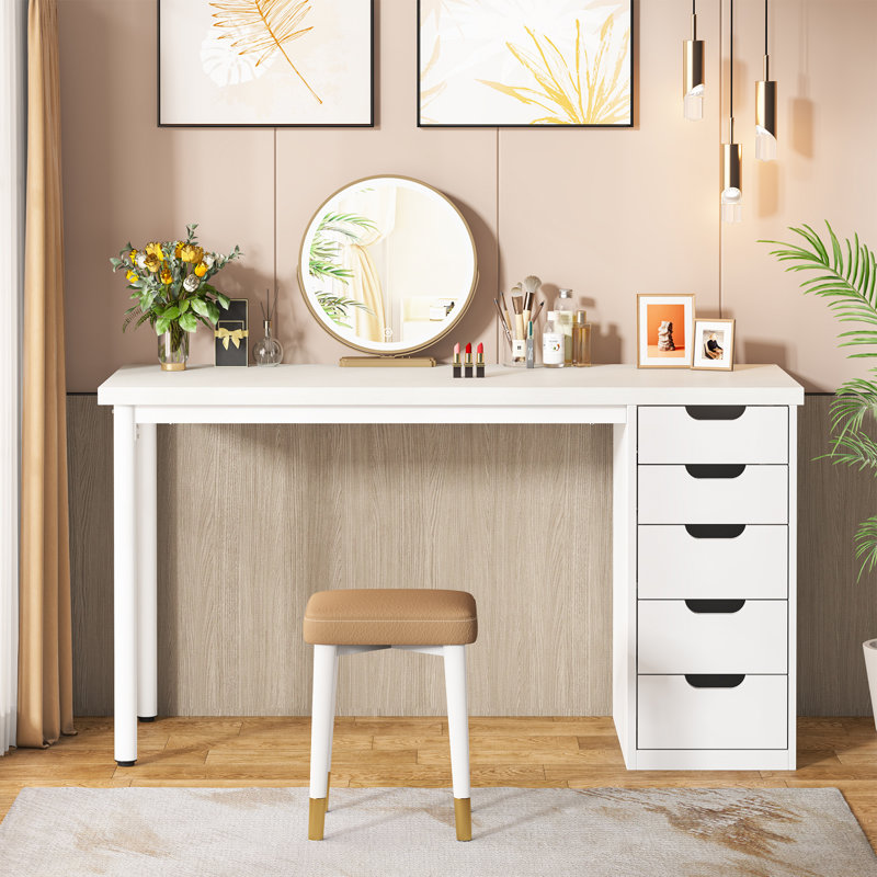 47 inches Vanity Desk with 5 Drawers, White