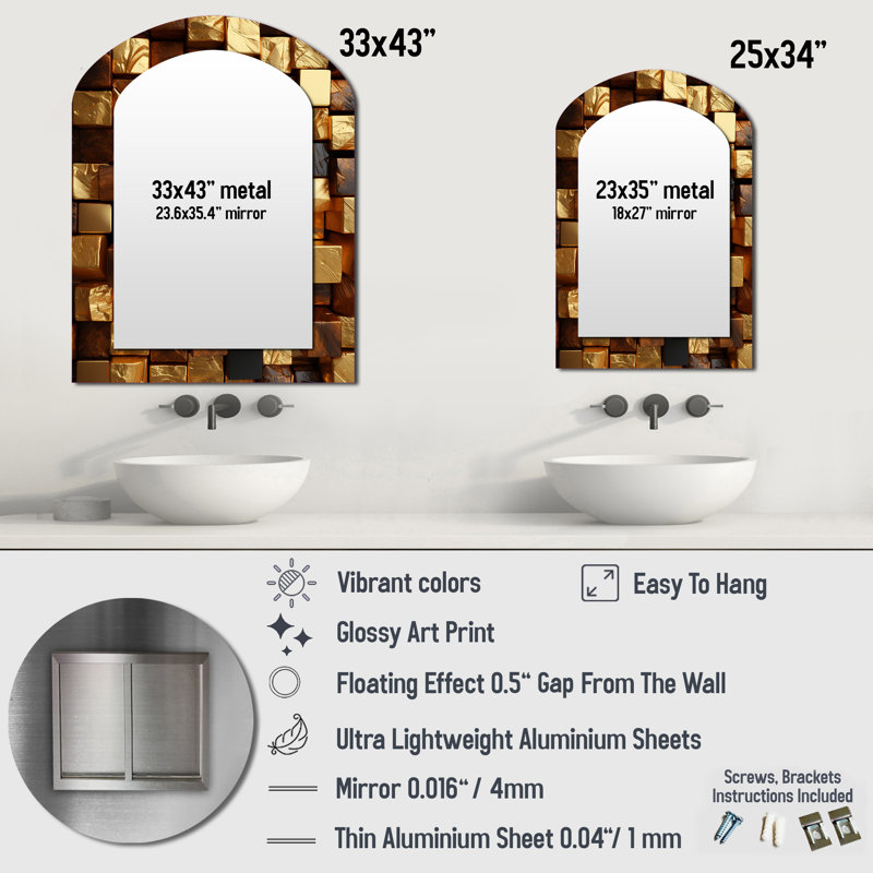Black and gold abstract cubes III - Geometric Arch Large Mirror, Modern Asymmetrical Unique Wall Mirror Decor, Printed Metal Art