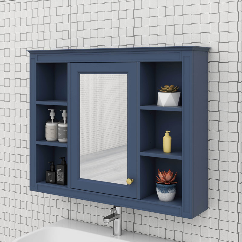 Armoire à pharmacie murale avec miroir, 6 tablettes ouvertes, Bleu