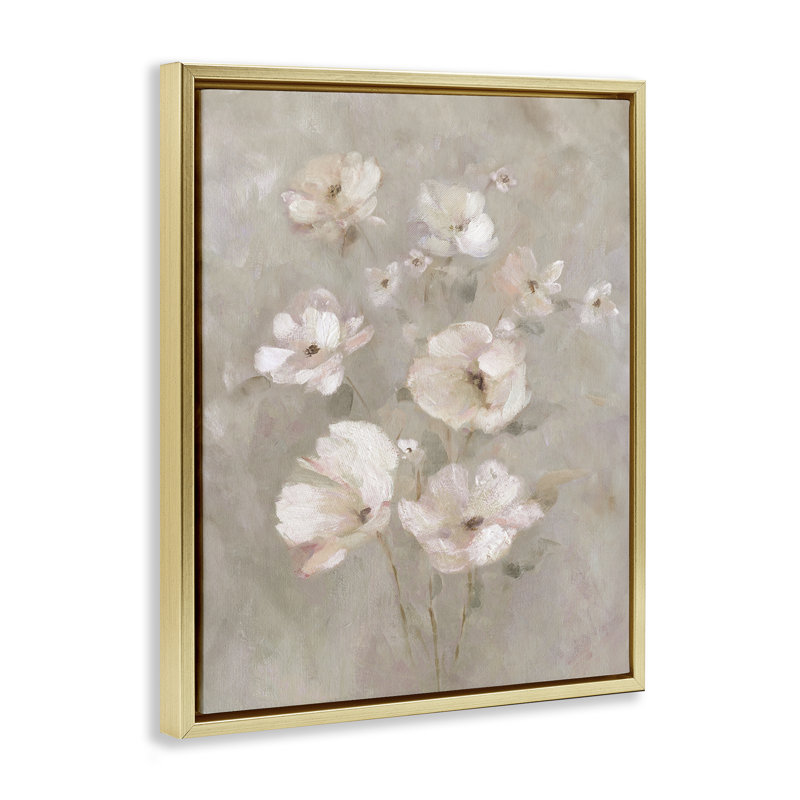 Fleurs rosées sur cadre flottant beige, design par Carol Robinson, Cadre flottant métallique doré, H 21 po x l 17 po