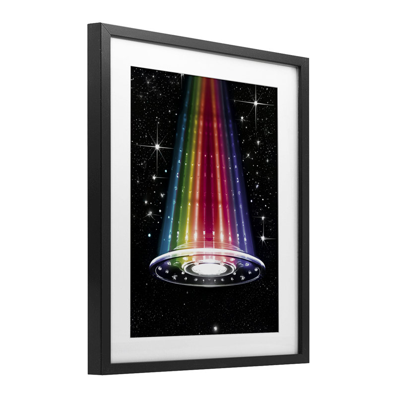 Rainbow Galaxy UFO, impression sous verre encadrée, design par Sasha, Cadre noir minuit, 16" H x 13" W