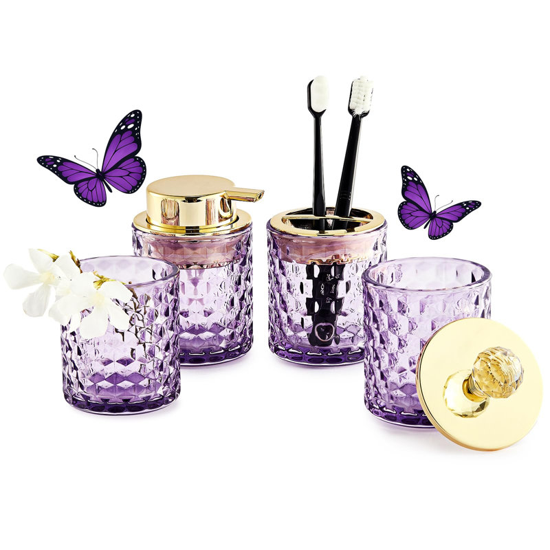 Purple Bathroom Accessories, 4Pcs Purple Bathroom Accessory Set Complete, Toothbrush Holder Set, Soap Dispenser, Qtip Holder, Tumbler, Perfect for Bathroom Decor and Vanity