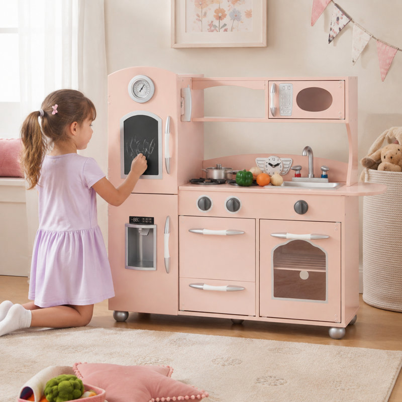 Cuisine de jeu en bois pour enfants avec tableau noir, semblant de machine à glaçons et accessoires Teamson Kids, Rose