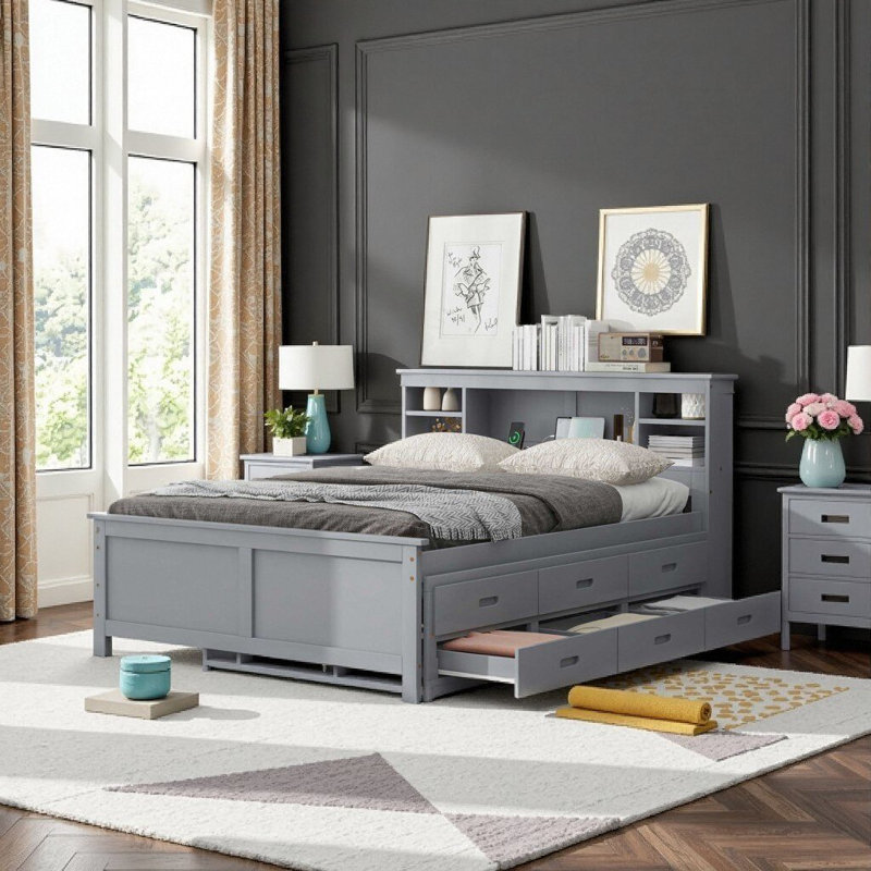 Lit plateforme gris avec rangement et tête de lit USB, lit gigogne simple et 3 tiroirs - aucun sommier nécessaire, Gris
