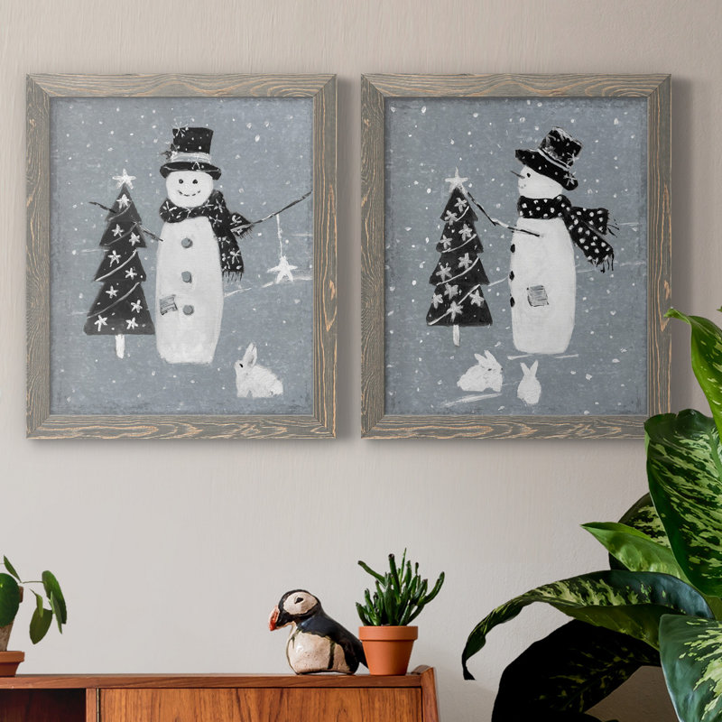 «Snowman Galvanized I», ensemble de 2 reproductions, Pas de tapis, H 20 po x l 17 po x P 1 po, Toile avec cadre gris