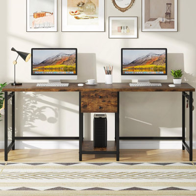 Bureau d'ordinateur 79 po pour deux personnes avec tiroirs et tablettes de rangement, table de travail double extra longue avec crochets, bureau d'écriture industriel pour bureau à domicile