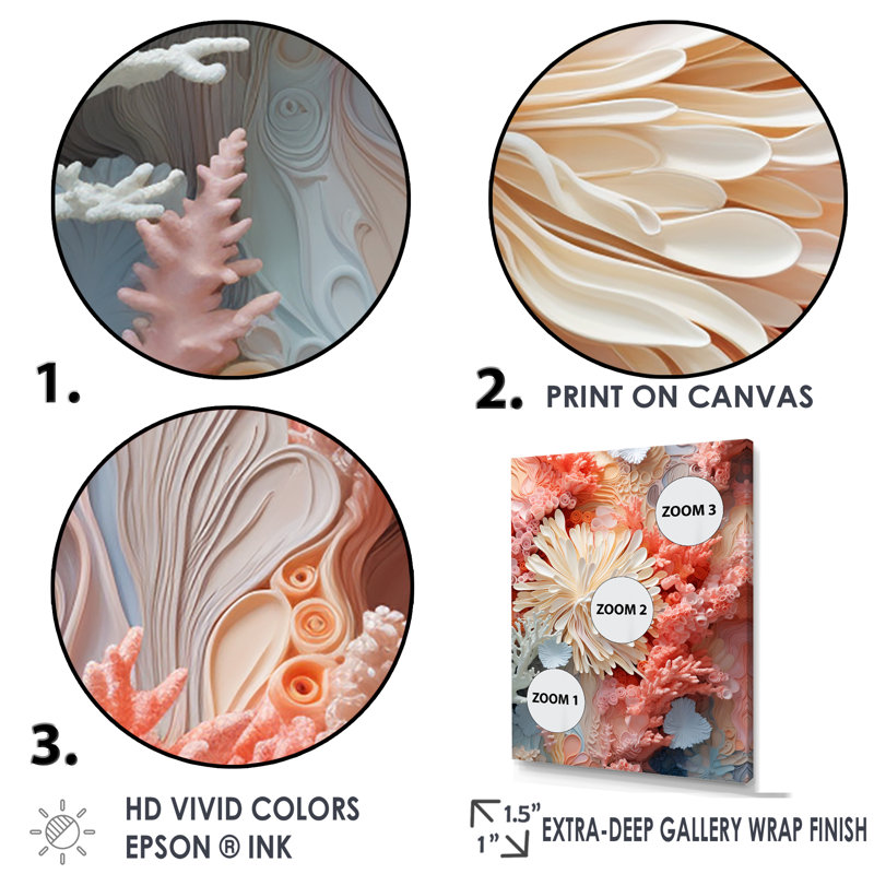 «Pink and White Coastal Coral Collage IV - Coastal Coral Under Water», reproduction sur toile encadrée, Cadre simple noir