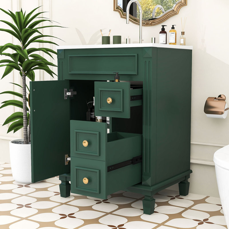 Meuble-lavabo avec lavabo en céramique, 2 tiroirs et tablette réglable, Vert
