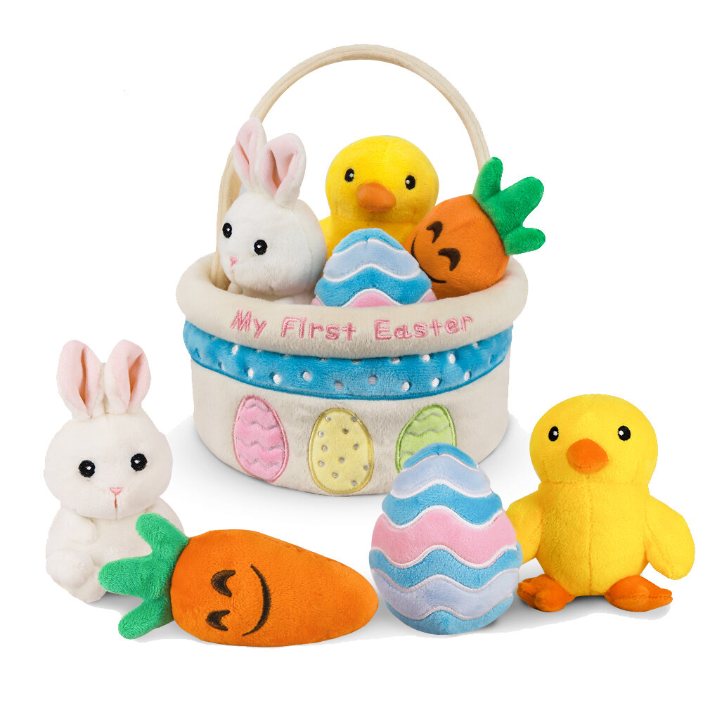 The Holiday Aisle® Ivenf My First Easter Basket Playset, 5Ct Stuffed Plush Bunny Chick Carrot Egg For Baby Girls Boys, Easter Theme Party Favors Stuffers Gifts, Easter Decorations Party Supplies