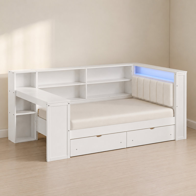 Lit plateforme en bois blanc beige, bureau de chargement avec tiroirs de rangement, Beige, Lit simple